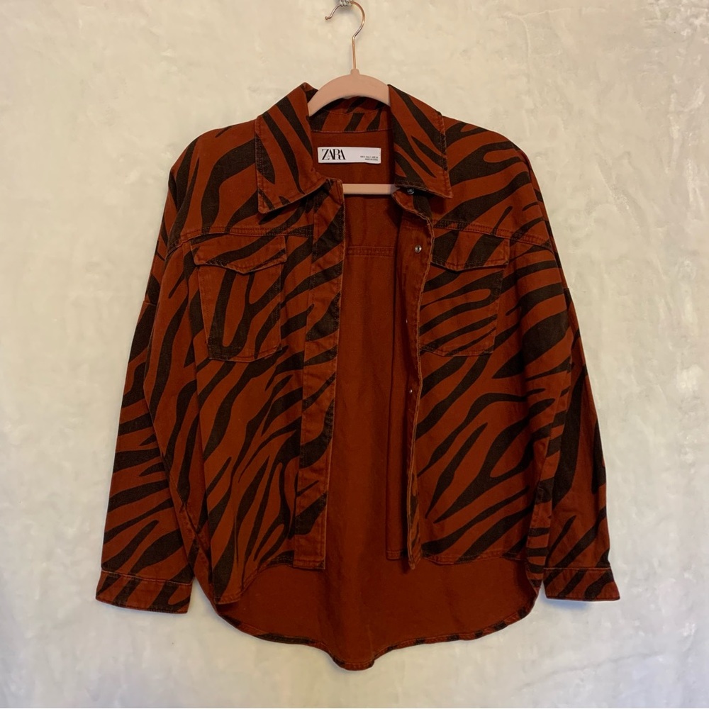 ZARA Jean Jacket/Blouse Red & Black Zebra Print, Size S